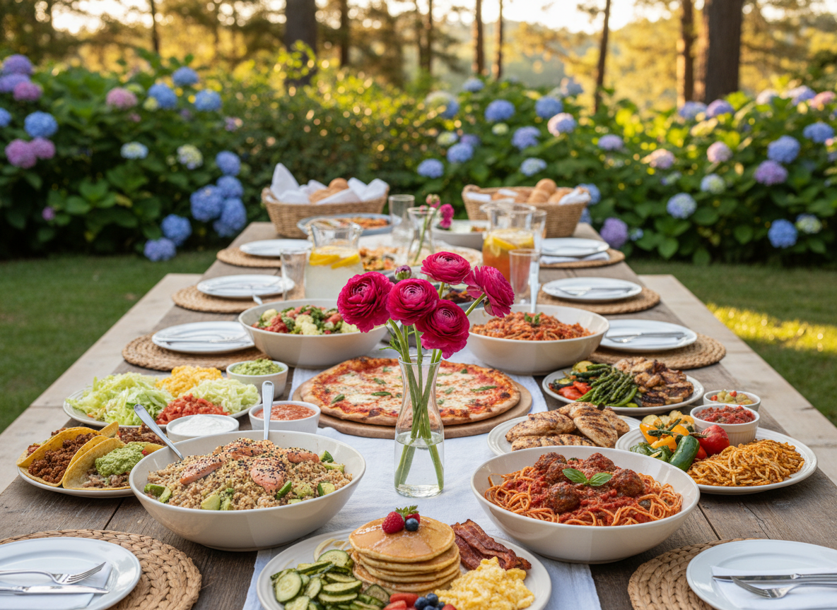 A simple, approachable image of a long banquet table set in a garden, styled for a picnic buffet. The table features a variety of dinner options spread out: tacos, a rice salmon bowl, pizza, a bowl of spaghetti, grilled chicken with vegetables, and a breakfast-for-dinner option. At the center of the table, there is a single bud vase with six hot pink ranunculus flowers. No people are present, and the focus is on the inviting, colorful food display and the flower arrangement.
